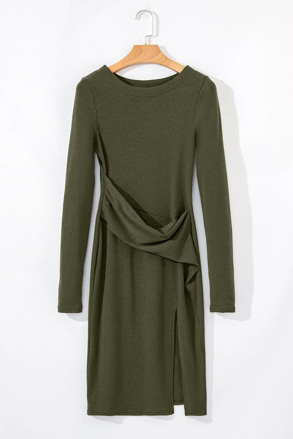 Dresses/Mini Dresses Jungle Green Ribbed Side Slit Ruched Slim Fit Long Sleeve Mini Dress