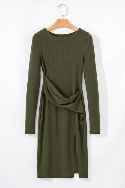 Dresses/Mini Dresses Jungle Green Ribbed Side Slit Ruched Slim Fit Long Sleeve Mini Dress