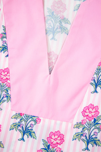 Rose Floral Striped Print Contrast Patchwork Ruffle Hem Blouse