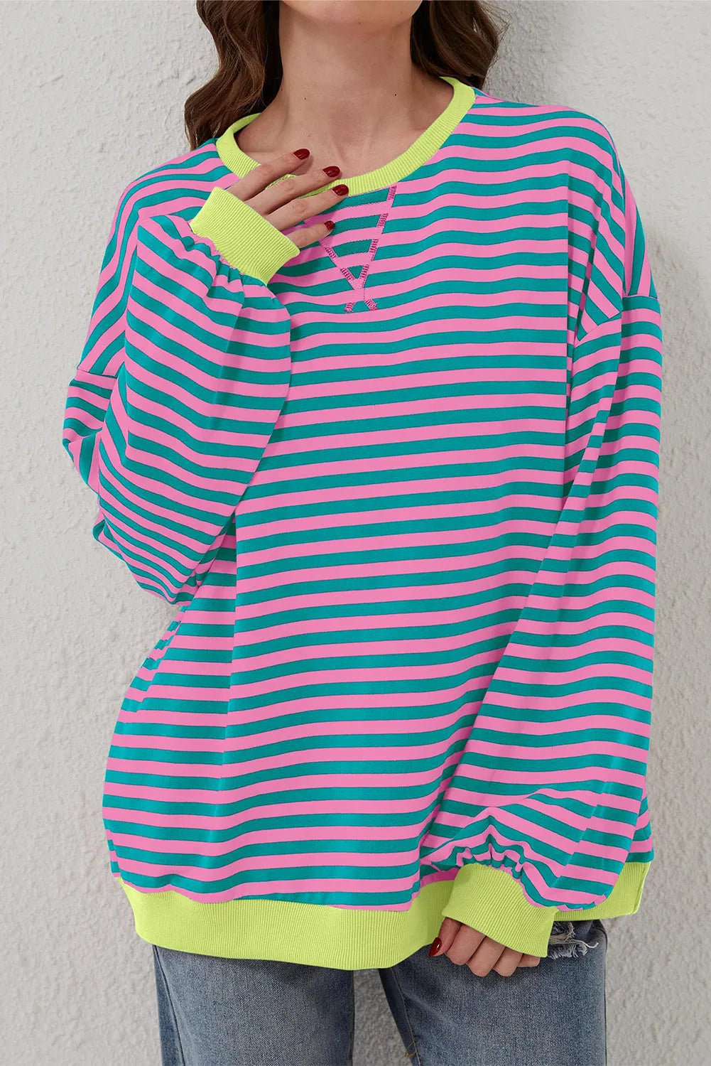 Green Stripe Oversized Contrast Trim Pullover Sweatshirt - Chic Meadow Boutique 