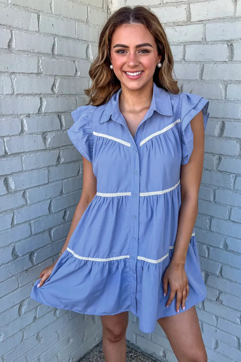 Sky Blue Lace Trim Accent Ruffled Tiered Dress - Chic Meadow Boutique 