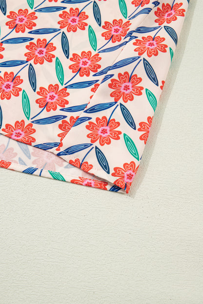 Red Floral Print Striped Detail V Neck Ruffled Short Sleeve Blouse