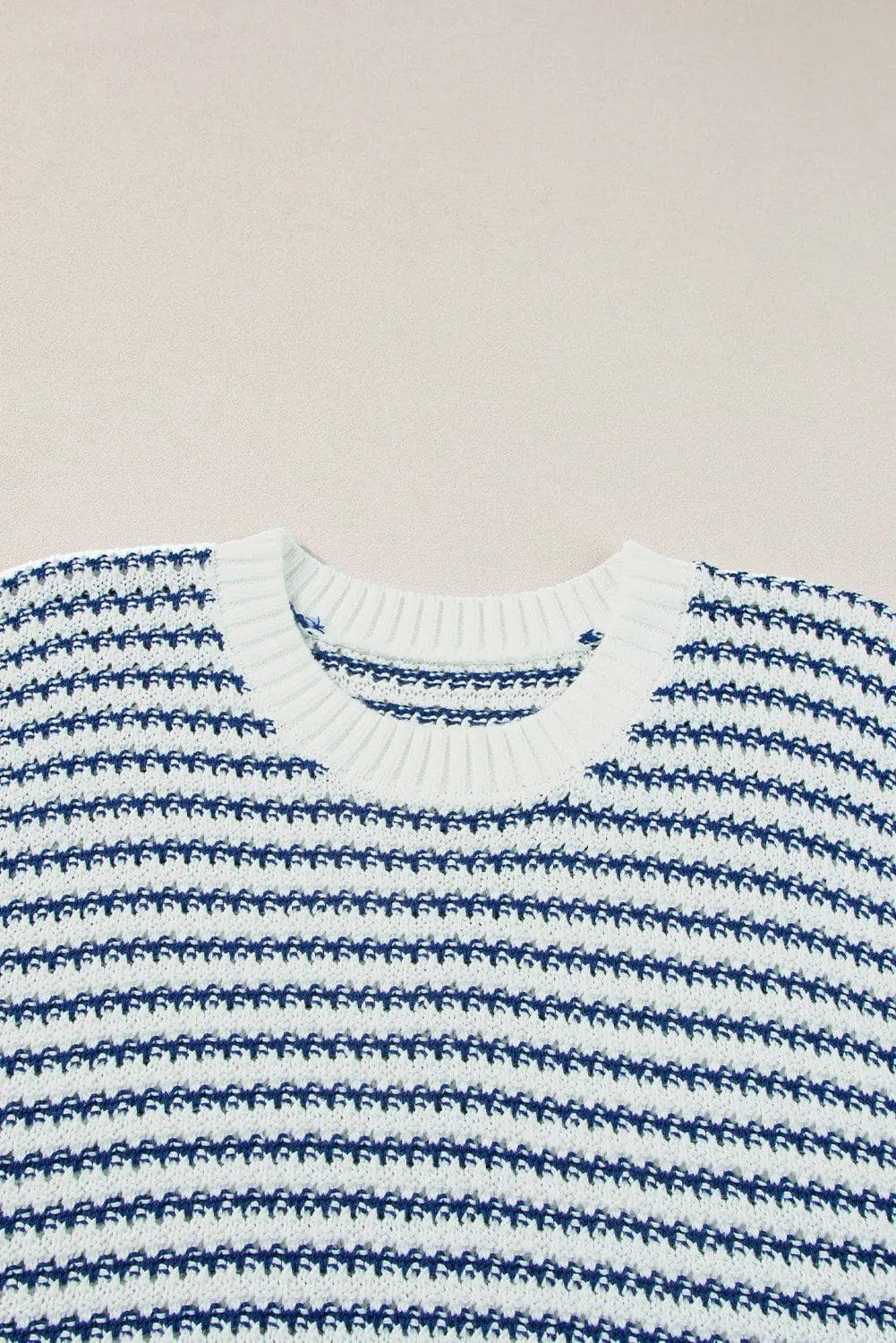 Tops/Sweater Vests Blue Stripe Ribbed Trim Loose Fit Knitted Sweater Vest