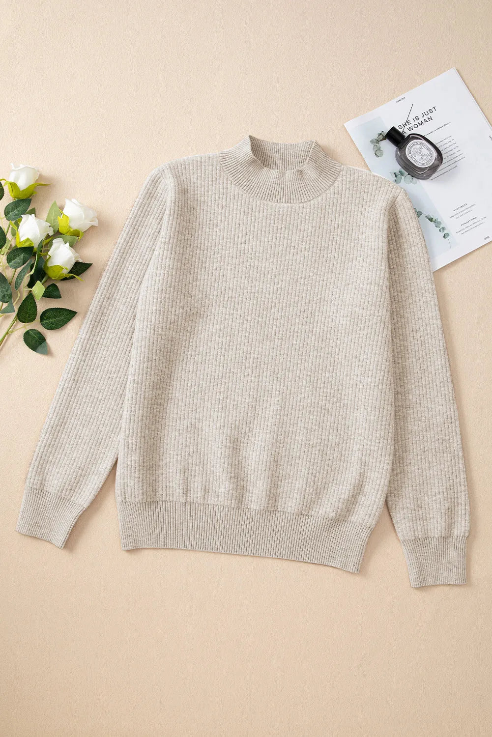 Apricot Thermal Lined Ribbed Knit Mock Neck Sweater - Chic Meadow Boutique 