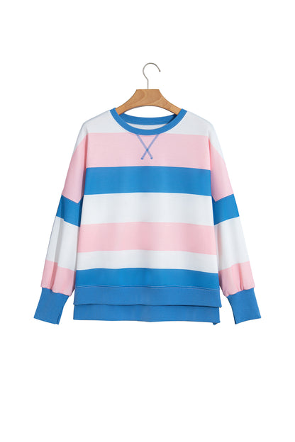 Pink Stripe Side Split Oversized Long Sleeve Top