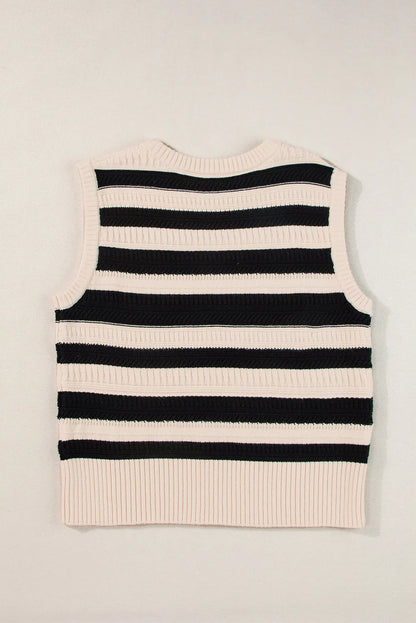 Black Stripe Ribbed Trim Knitted Sweater Vest - Chic Meadow Boutique 