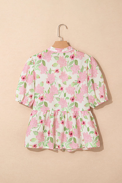 Pink Floral Print Drawstring V Neck Peplum Blouse