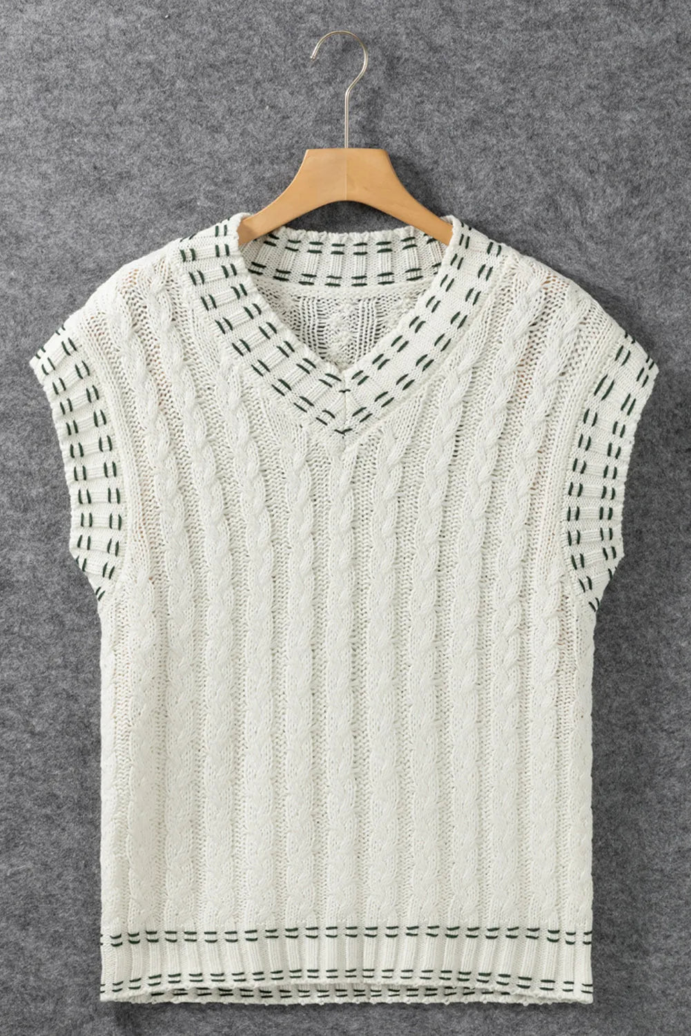 White Contrast Trim V Neck Cable Knit Sweater Vest - Chic Meadow Boutique 