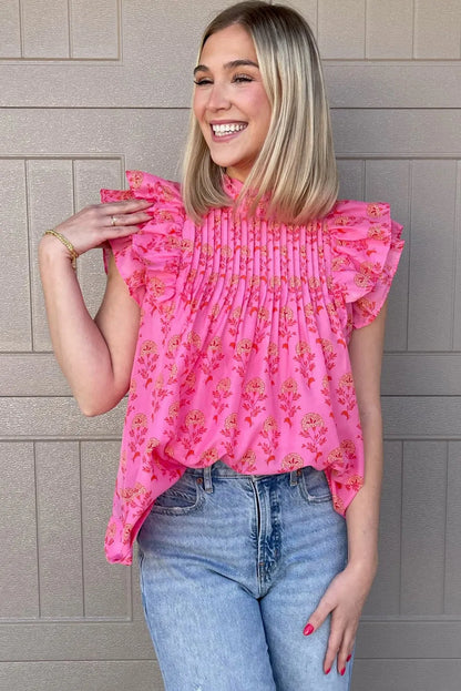 Rose Red Floral Print Pleated Ruffled Flutter Sleeve Blouse - Chic Meadow Boutique 