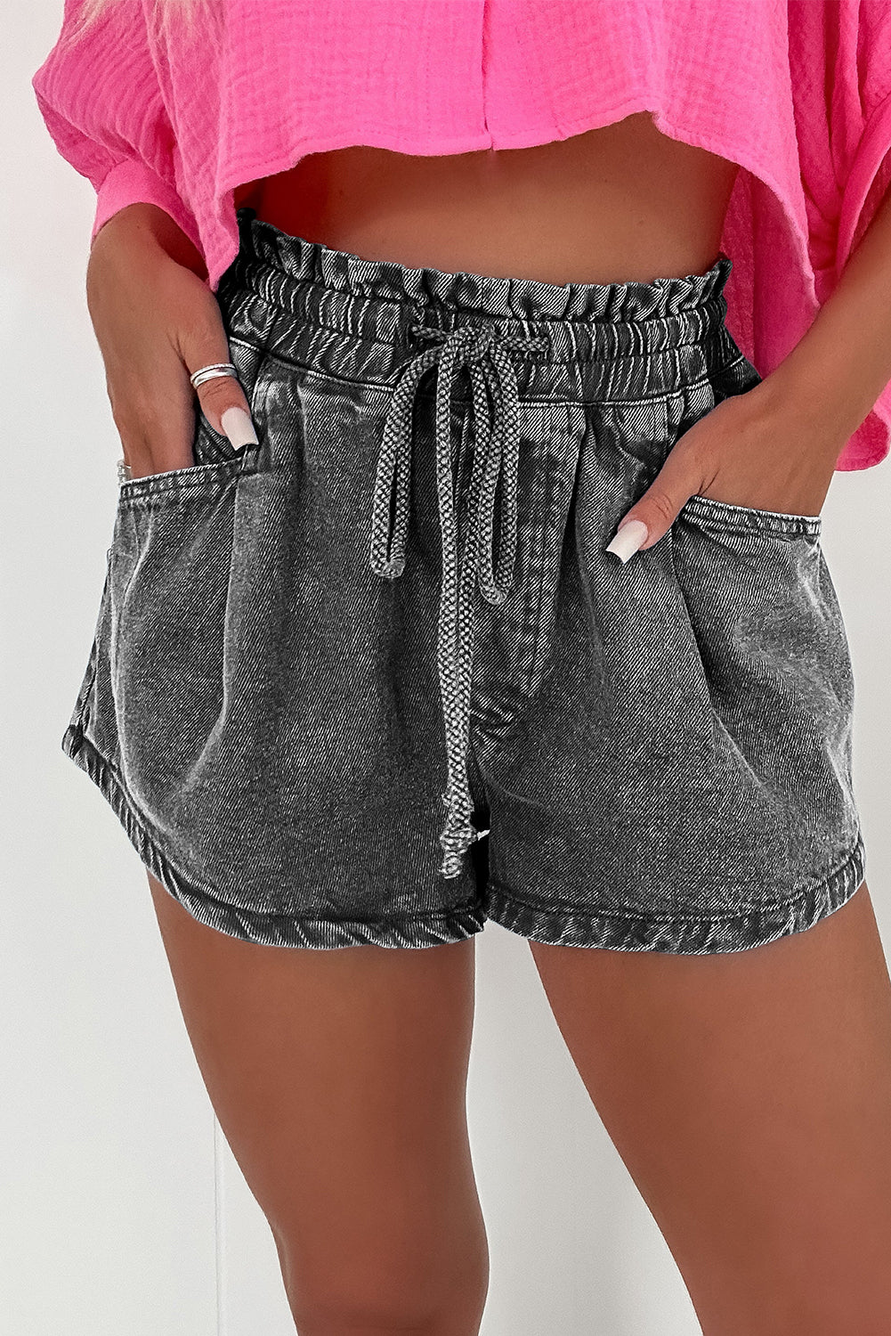 High-rise Drawstring High Waist Casual Denim Shorts with Pockets