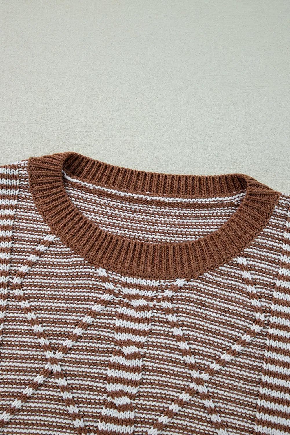 Sweaters & Cardigans/Sweaters Brown Stripe Geometric Textured Drop Shoulder Sweater