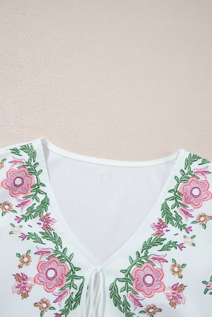 White Flower Lace-up V Neck Babydoll Blouse