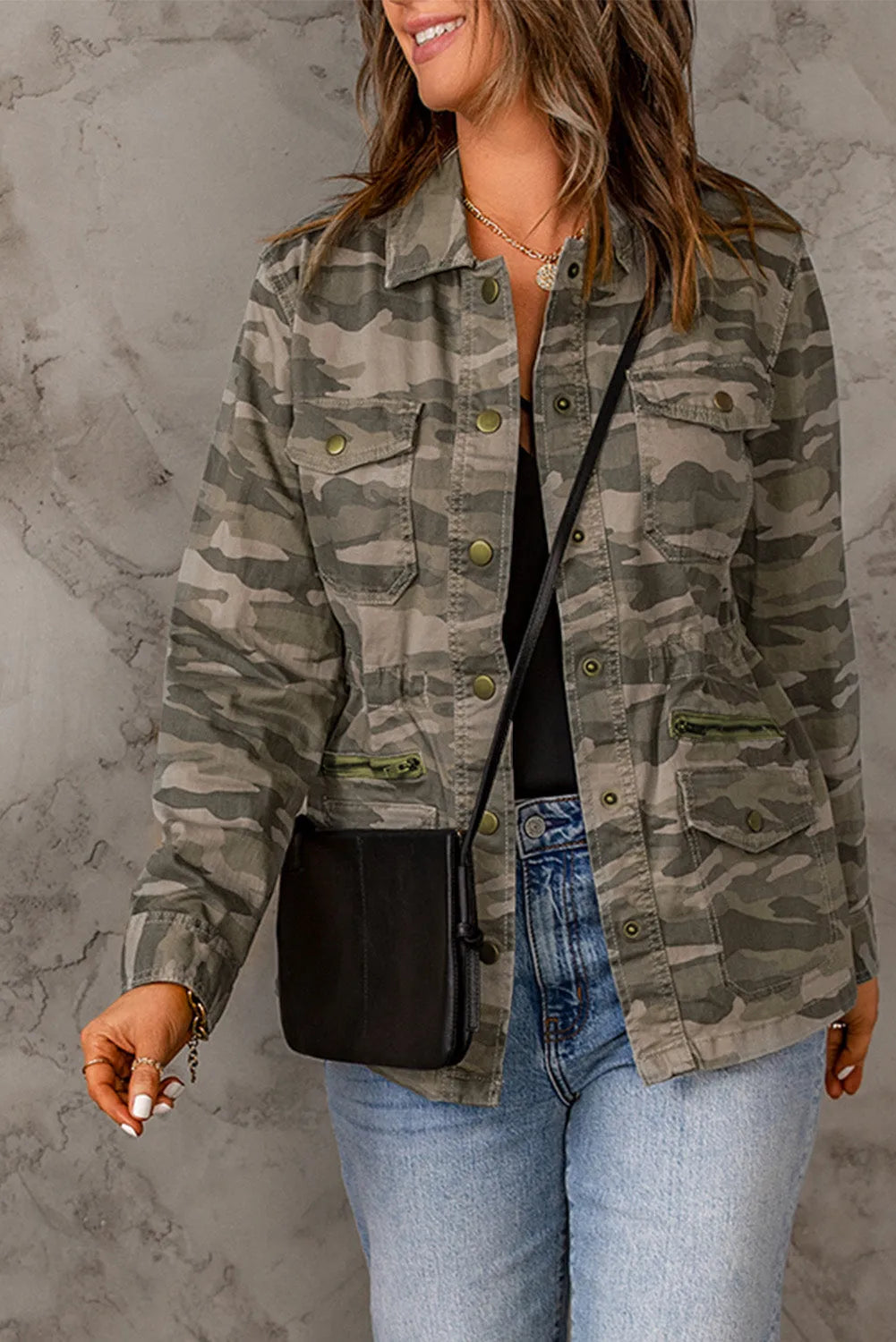 Green Camo Print Multi Pockets Button-up Jacket - Chic Meadow Boutique 