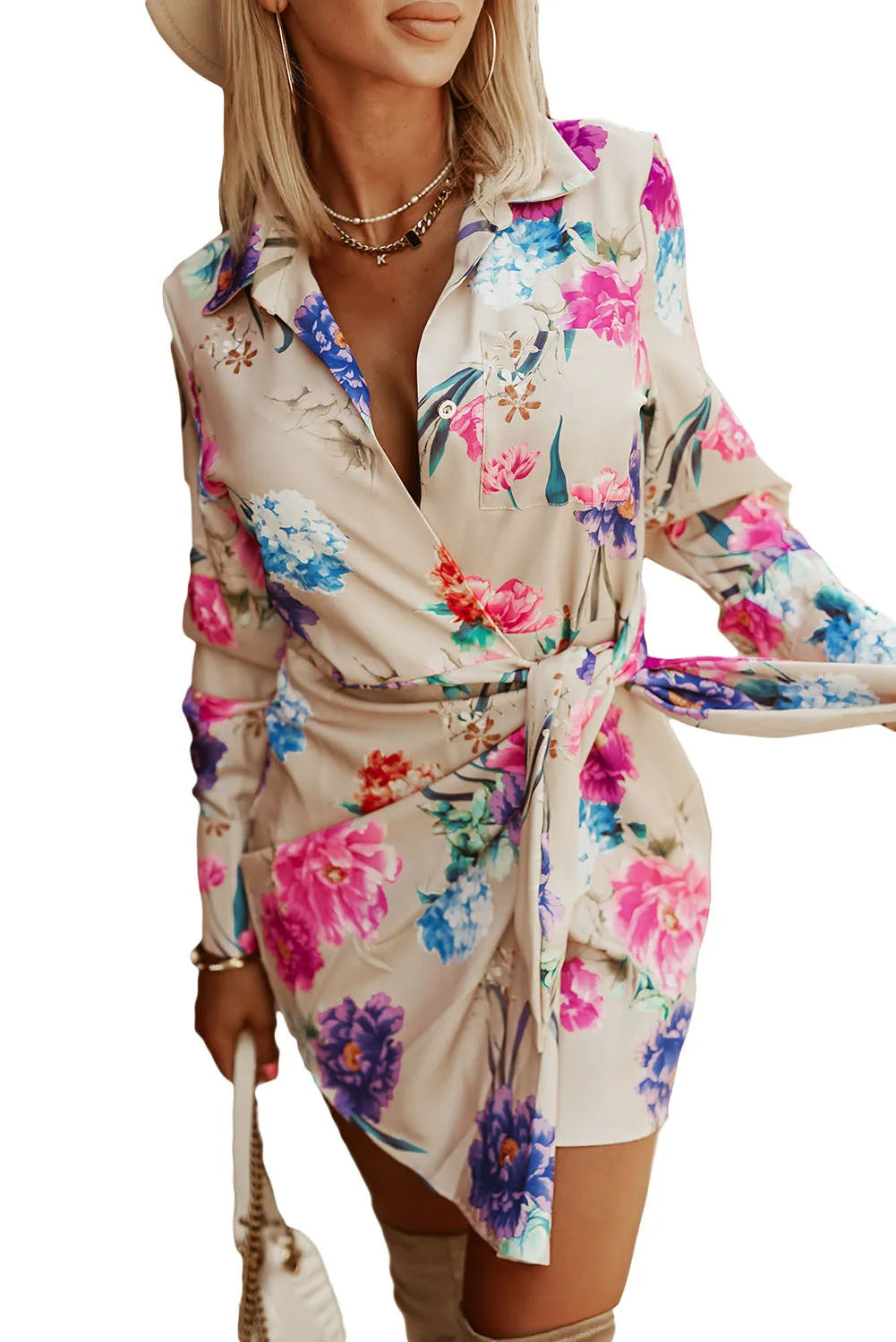 Multicolor Floral Print Wrap Tie Mini Shirt Dress - Chic Meadow Boutique 