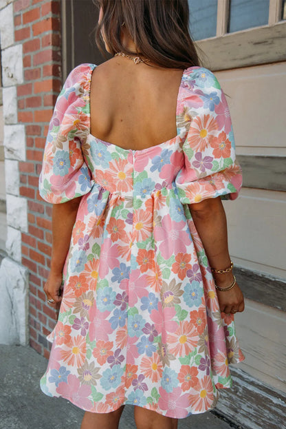 Pink Summer Floral Square Neck Puff Sleeve Babydoll Dress - Chic Meadow Boutique 