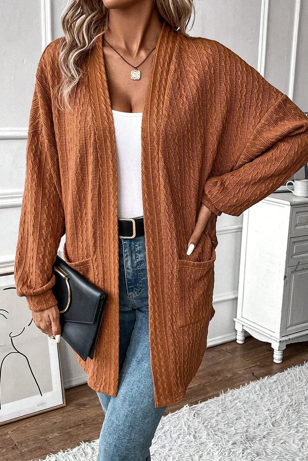 Chestnut Textured Knit Side Pockets Open Front Cardigan - Chic Meadow Boutique 