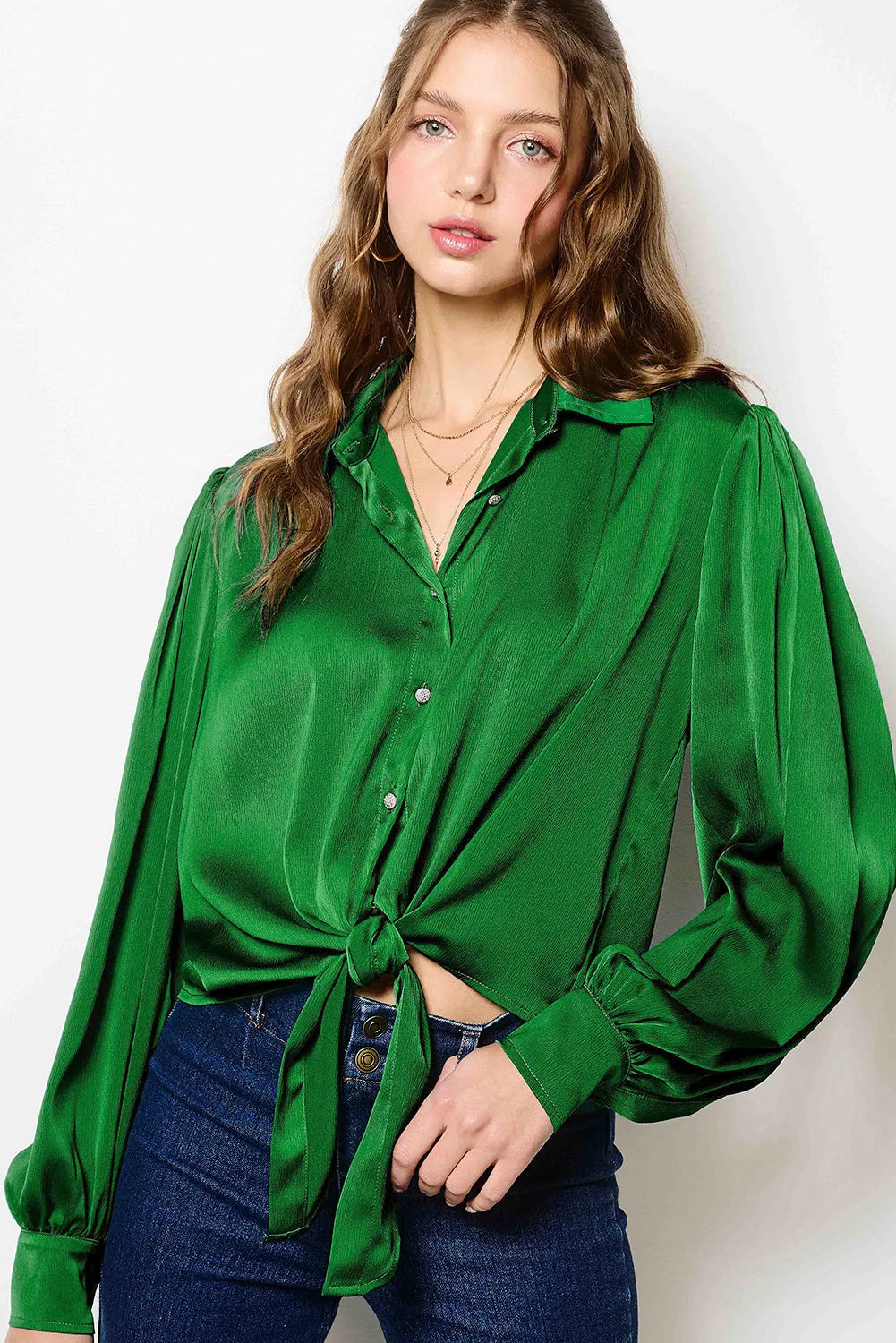 Dark Green Solid Color Flowy Balloon Sleeve Tie Front Buttoned Shirt - Chic Meadow Boutique 