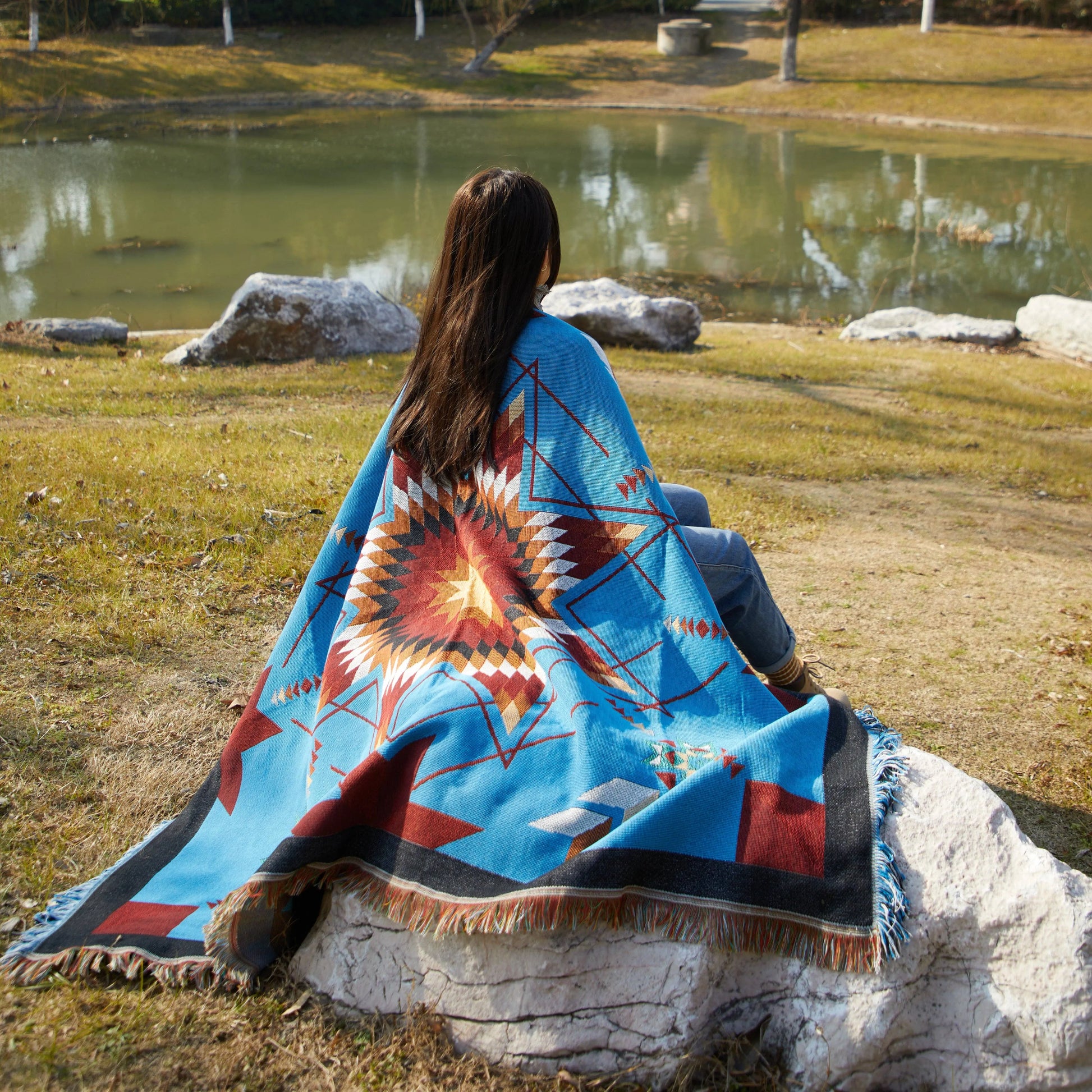 Woven Indigenous Star Throw - Turquoise - Chic Meadow Boutique 