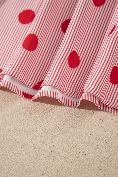 Fiery Red Polka Dot Striped Print Ruffle Stand Neck 3/4 Sleeve Shift Shirt