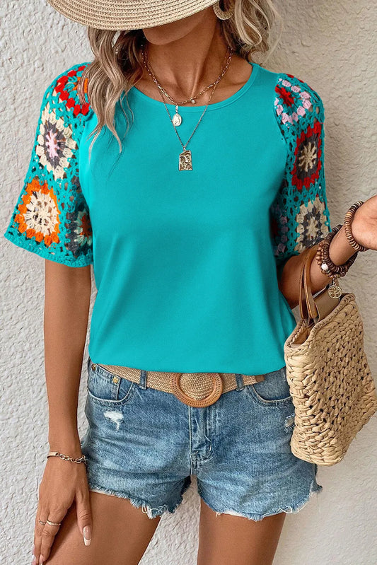 Turquoise Floral Crochet Short Sleeve Top - Chic Meadow Boutique 