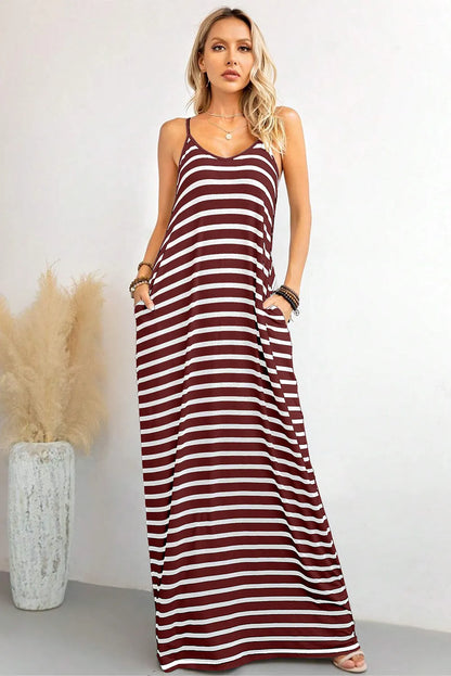 Red Stripe Side Pockets Spaghetti Straps Maxi Dress - Chic Meadow Boutique 