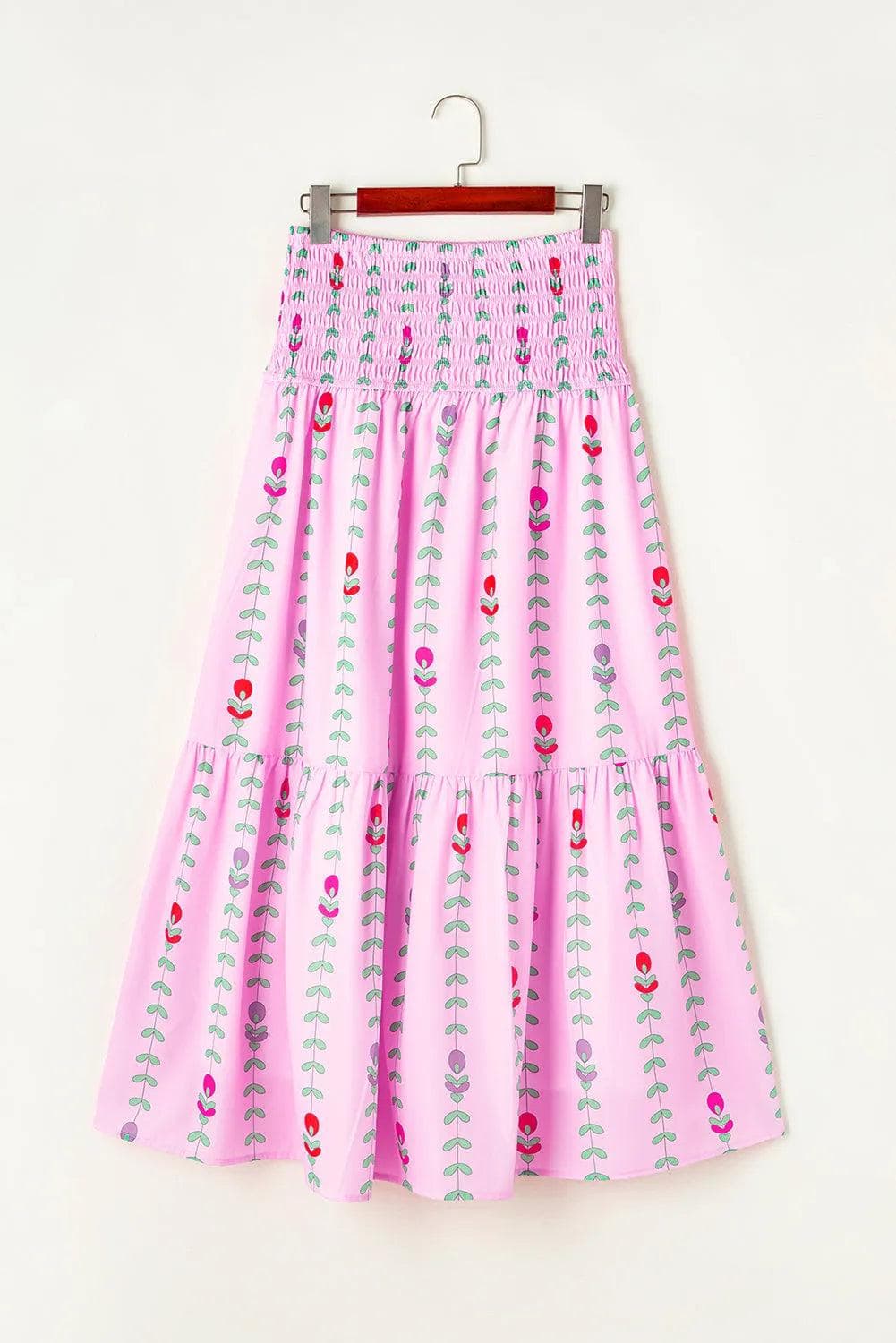 Pink Printed Smocked Tiered Maxi Skirt - Chic Meadow Boutique 