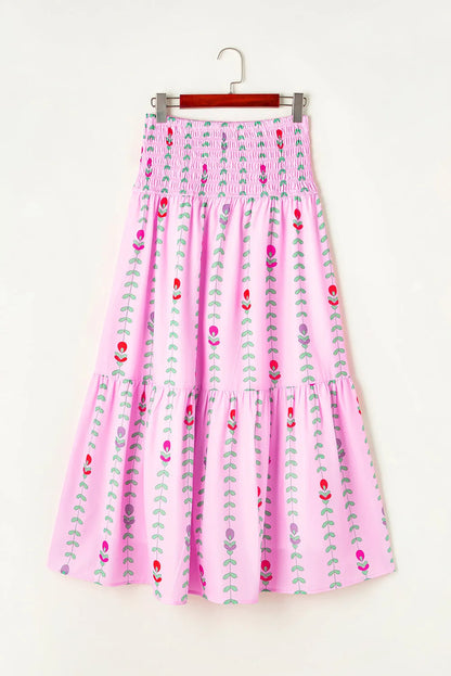 Bottoms/Skirts & Petticoat Pink Printed Smocked Tiered Maxi Skirt