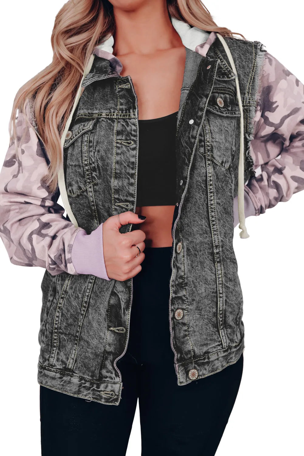 Black Camo Sleeve Hooded Buttoned Denim Jacket - Chic Meadow Boutique 