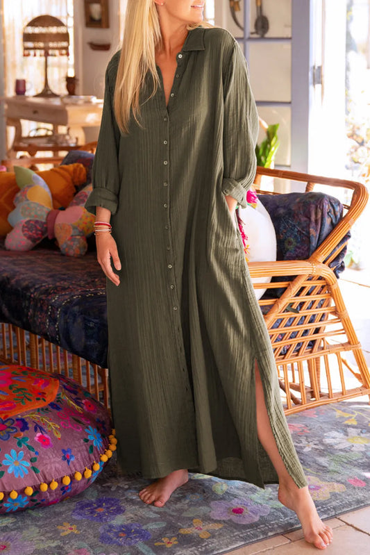 Green Crinkle Button Up Casual Split Shirt Maxi Dress - Chic Meadow Boutique 