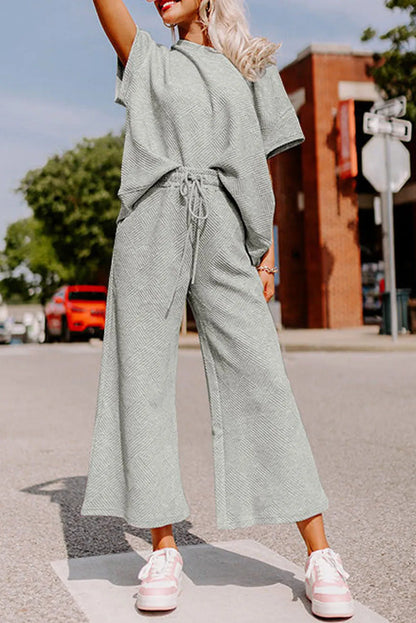 Gray Textured Loose Fit T Shirt and Drawstring Pants Set - Chic Meadow Boutique 