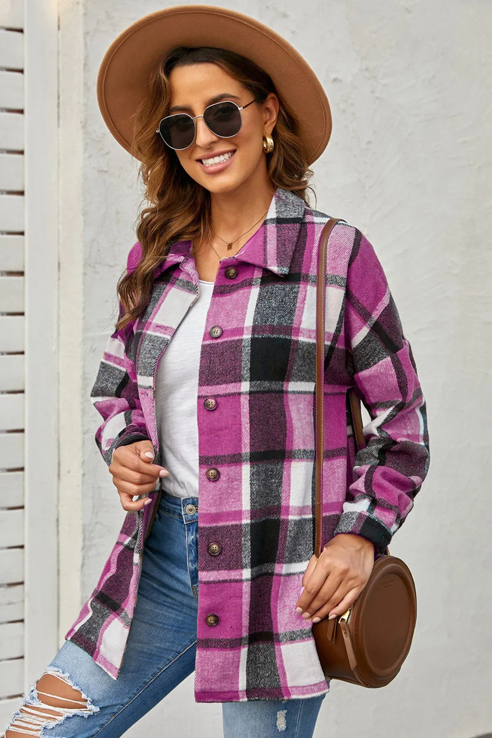 Rose Plaid Print Buttoned Shirt Jacket - Chic Meadow Boutique 