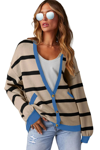 White Colorblock Drop Shoulder Buttoned Loose Cardigan - Chic Meadow Boutique 