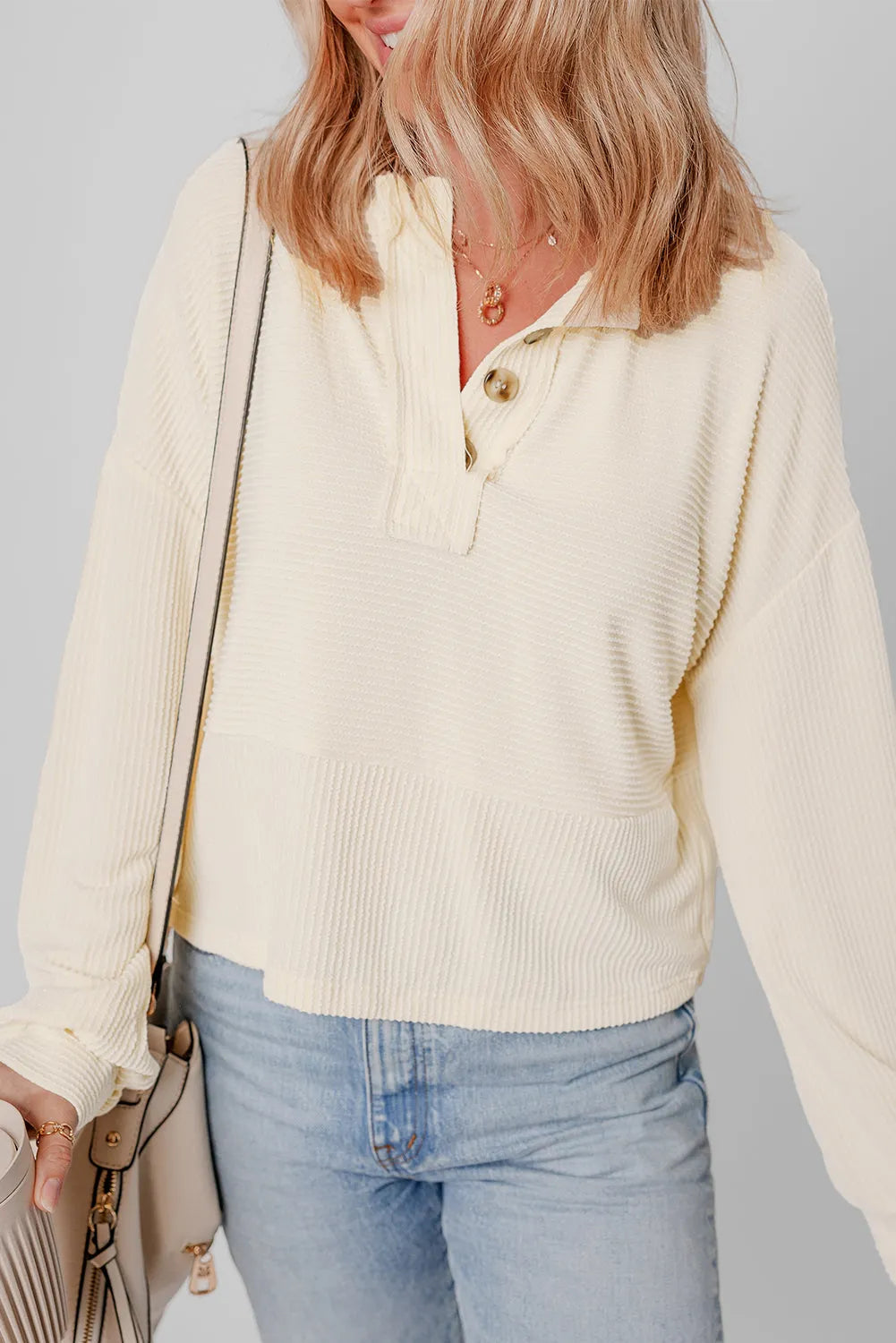 Apricot Corded Texture Lantern Sleeve Buttons Henley Sweatshirt - Chic Meadow Boutique 