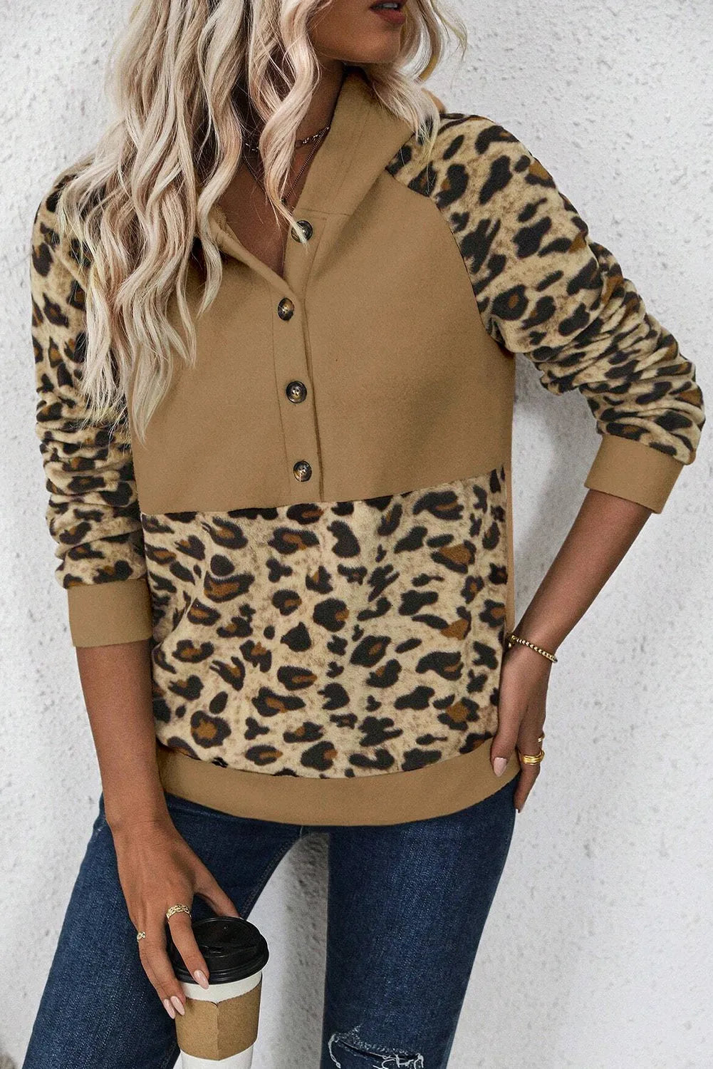 Light French Beige Leopard Print Patchwork Raglan Sleeve Half Buttons Hoodie - Chic Meadow Boutique 