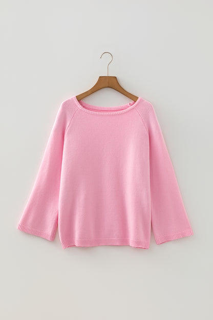 Pink Solid Color Knit Loose Bracelet Sleeve Dolman Sweater