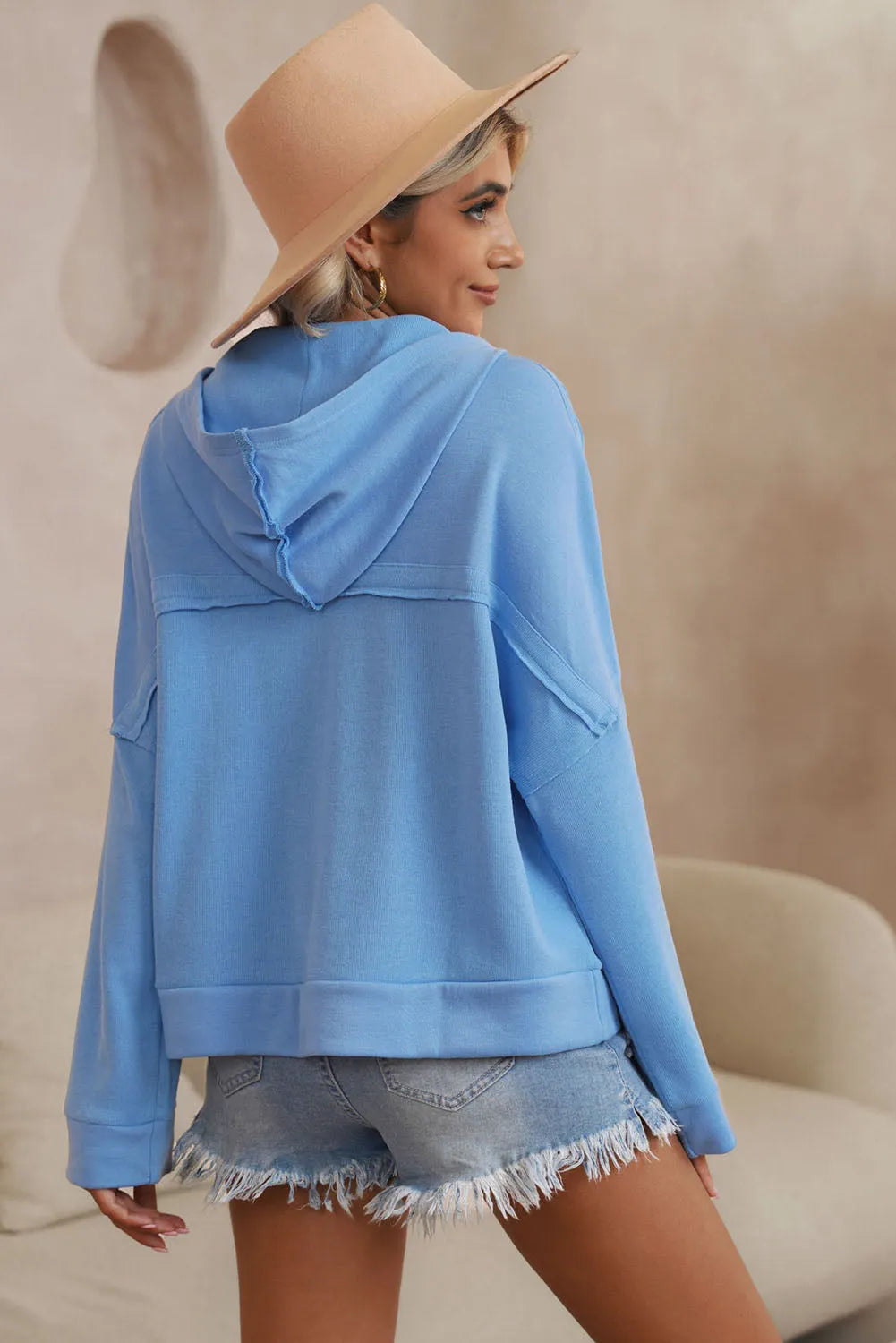 Sky Blue Casual Button Solid Patchwork Trim Hoodie - Chic Meadow Boutique 