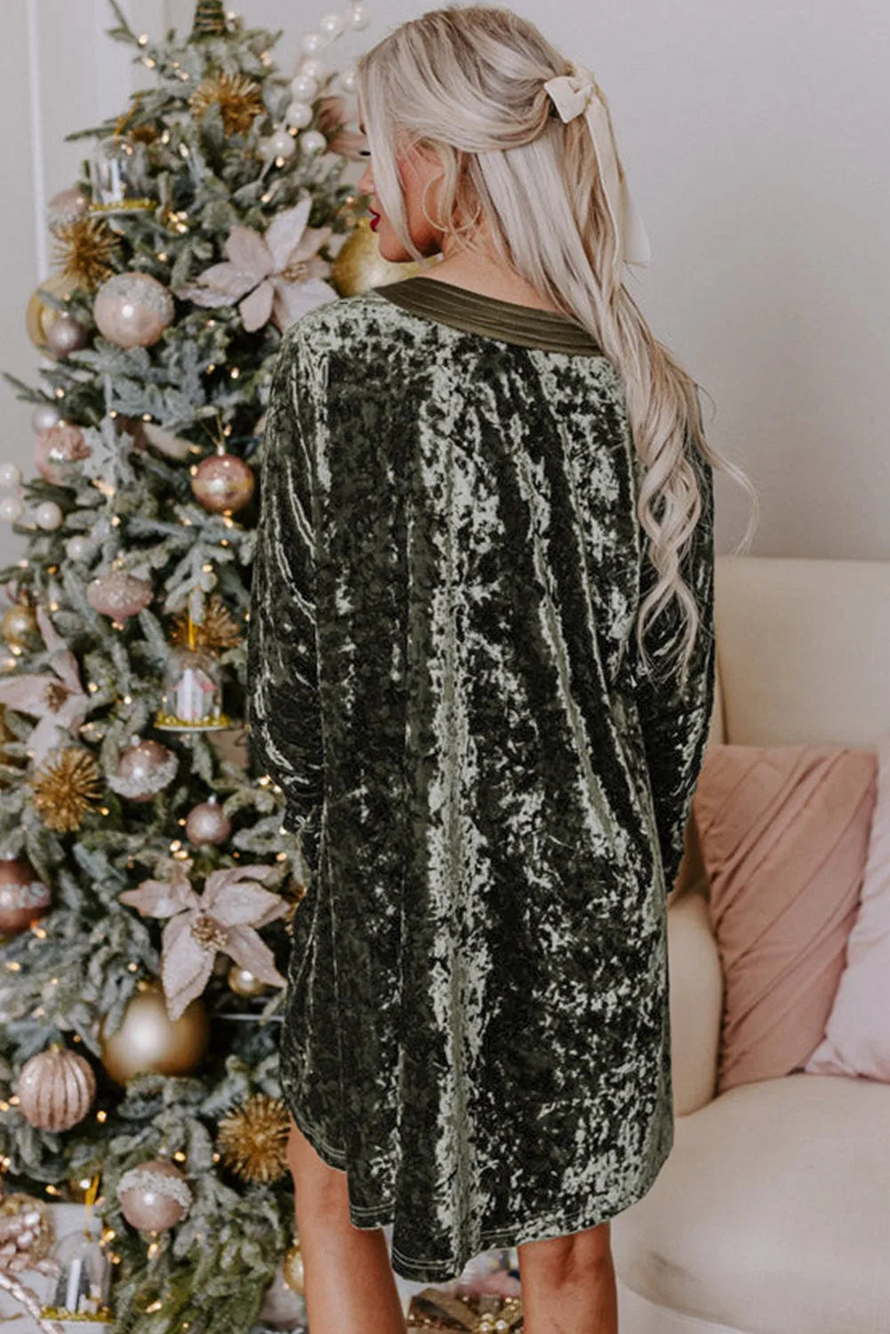 Jungle Green Velvet Long Sleeve V Neck Loose Dress with Pockets - Chic Meadow Boutique 