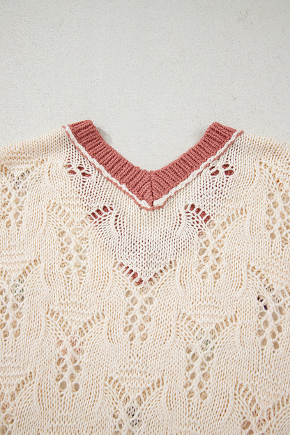 Delicacy Embroidered Flowers Colorblock Edge Hollowed Sweater