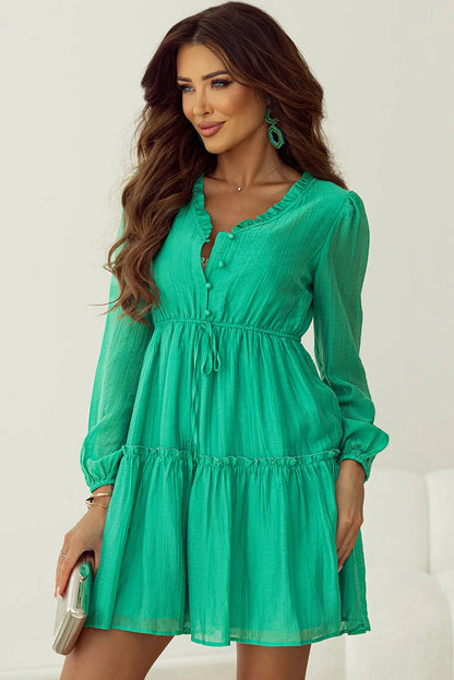 Sea Green Frilly V Neck Puff Sleeve Drawstring Shift Mini Dress - Chic Meadow Boutique 