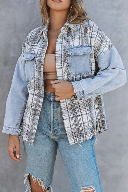 Sky Blue Plaid Patchwork Fringed Flap Pockets Denim Jacket - Chic Meadow Boutique 