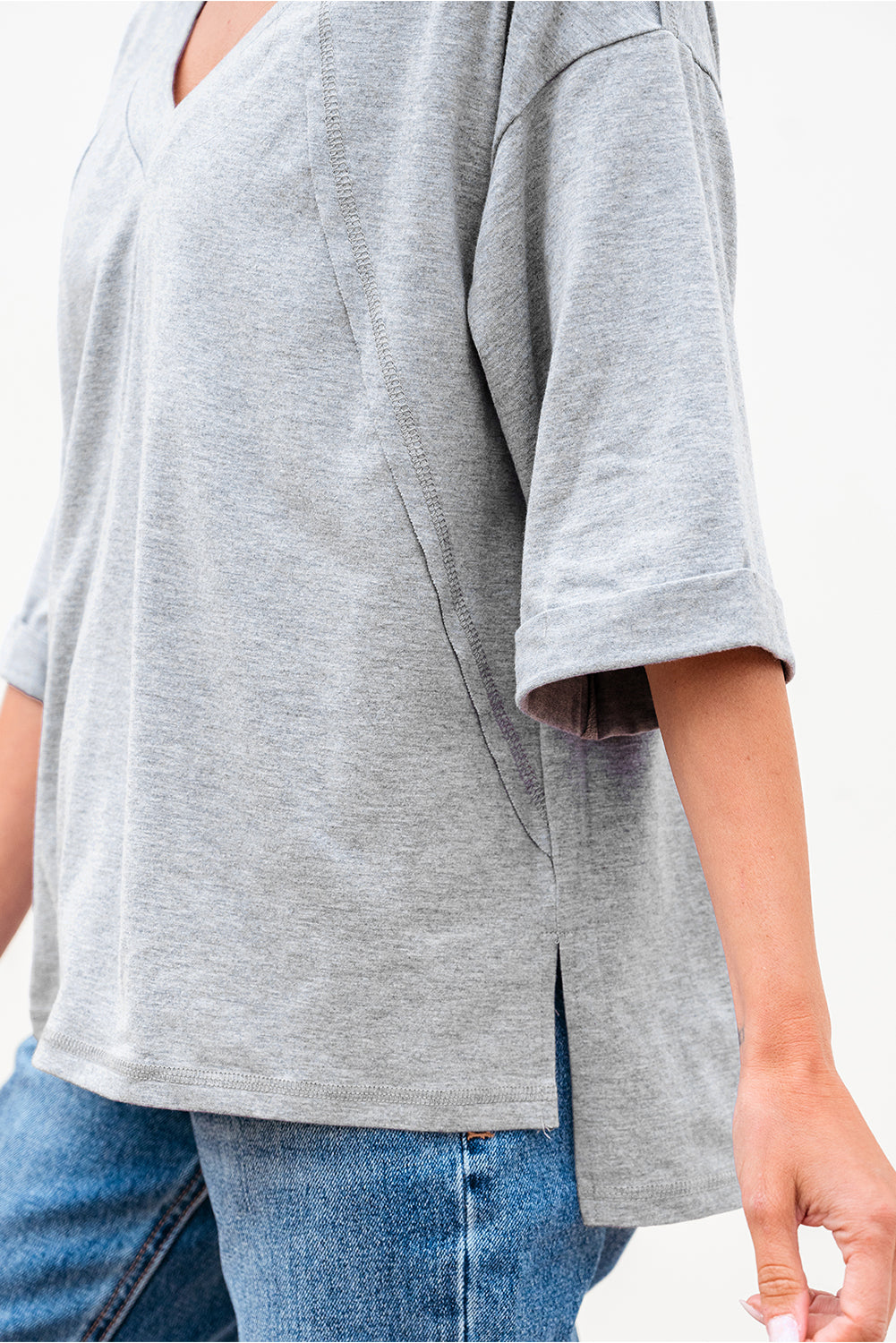 High Raglan Half Sleeve V Neck Oversized T Shirt