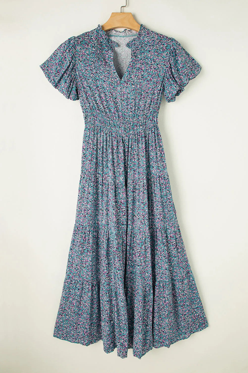 Blue Printed V Neck Shirred Short Puff Sleeve Maxi Dress - Chic Meadow Boutique 