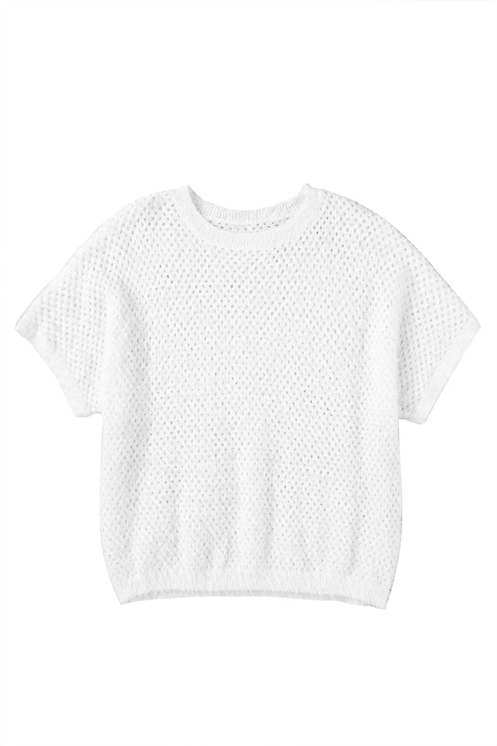 Tops/Short Sleeve Sweaters White Fuzzy Eyelet Knitted Sweater T-shirt