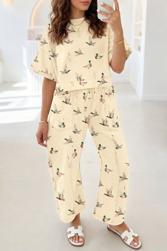 Beige Duck Print Short Sleeve Top Pocket Pants 2pcs Casual Set