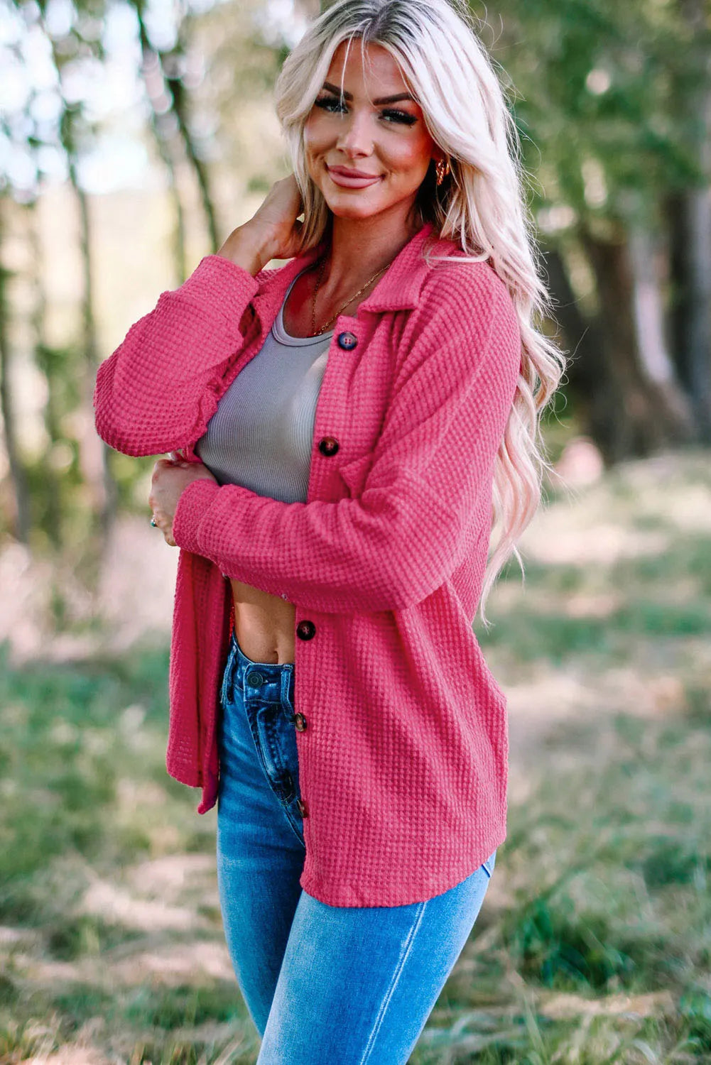 Pink Waffle Knit Button Up Casual Shirt - Chic Meadow Boutique 