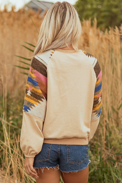 Light French Beige Aztec Patchwork Raglan Pullover Sweatshirt