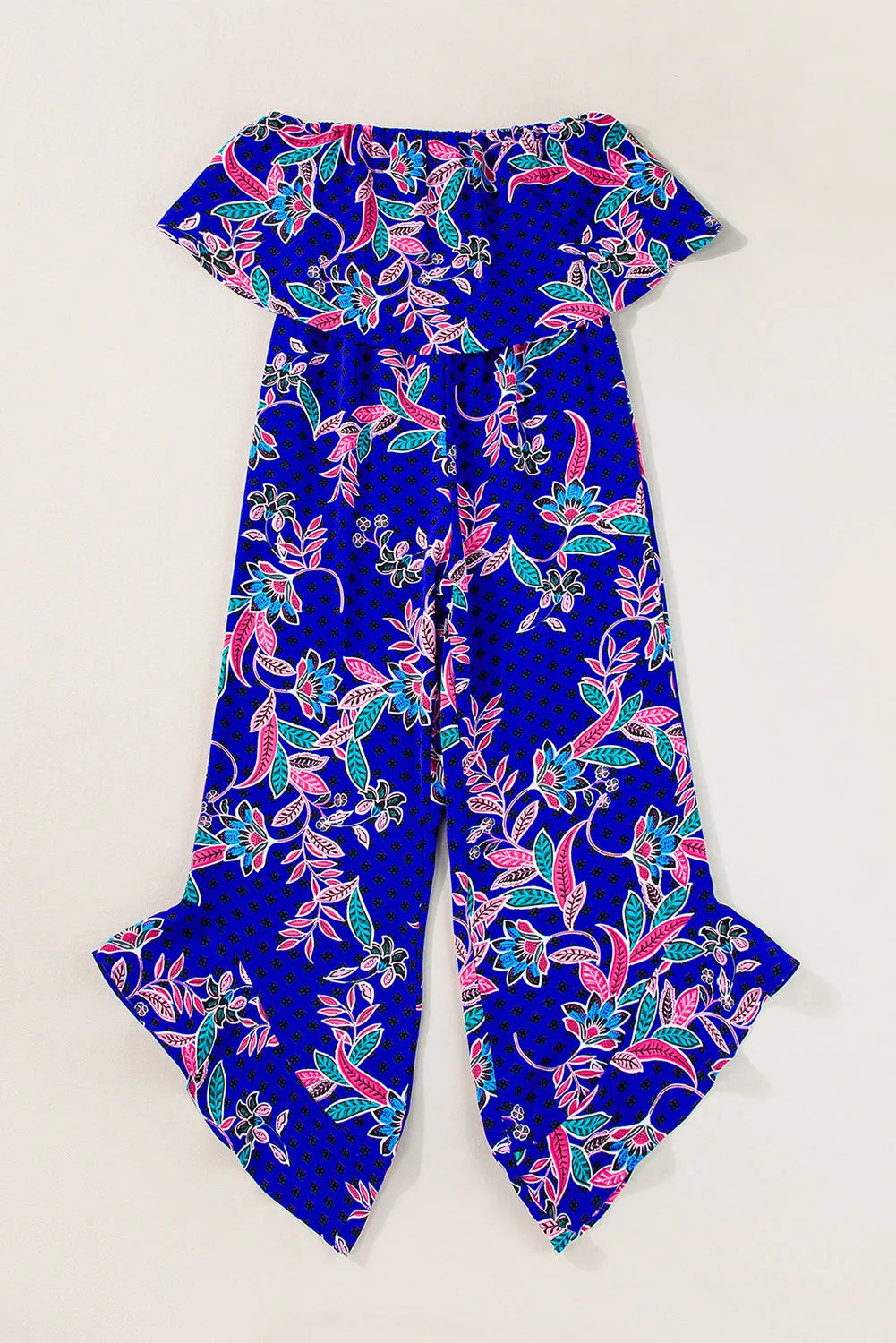 Blue Mix Tropical Print Strapless Ruffled Jumpsuit - Chic Meadow Boutique 