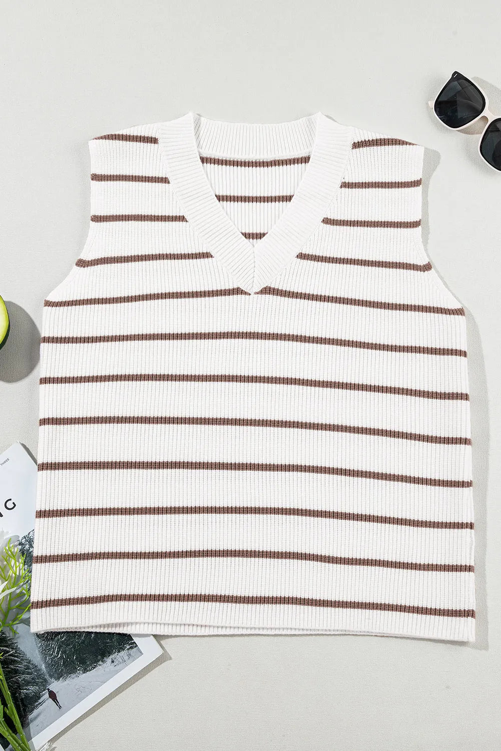 Khaki Stripe V Neck Knitted Loose Sweater Vest - Chic Meadow Boutique 