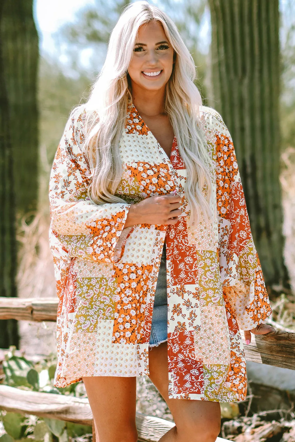 White Boho Patchwork Floral Open Front Kimono - Chic Meadow Boutique 