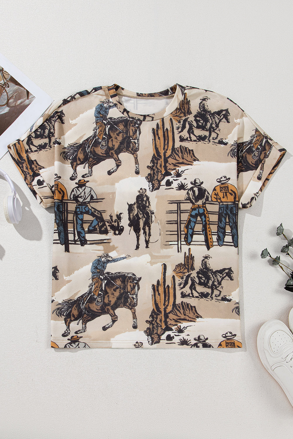 Khaki Western Cowboy Print Cuffed Sleeve Crewneck T Shirt